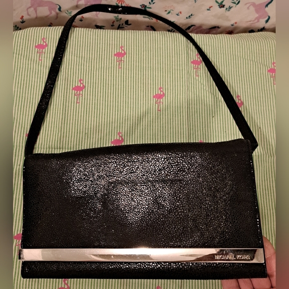 Michael Kors Sparkle Metallic Texture Black Suede Evening Clutch Purse Hand Bag - Picture 1 of 14